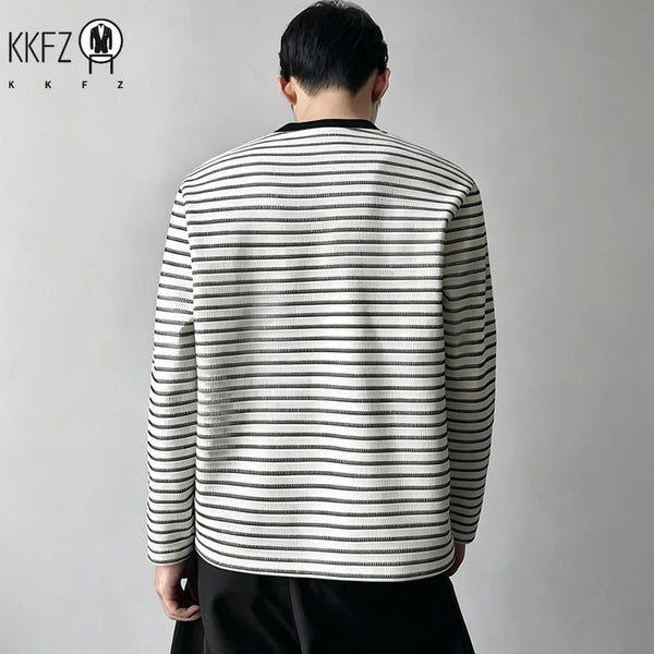 Mens Everyday Crew Neck Top Long Sleeve Horizontal Striped Waffle Texture Soft Comfortable Casual Daily Apparel