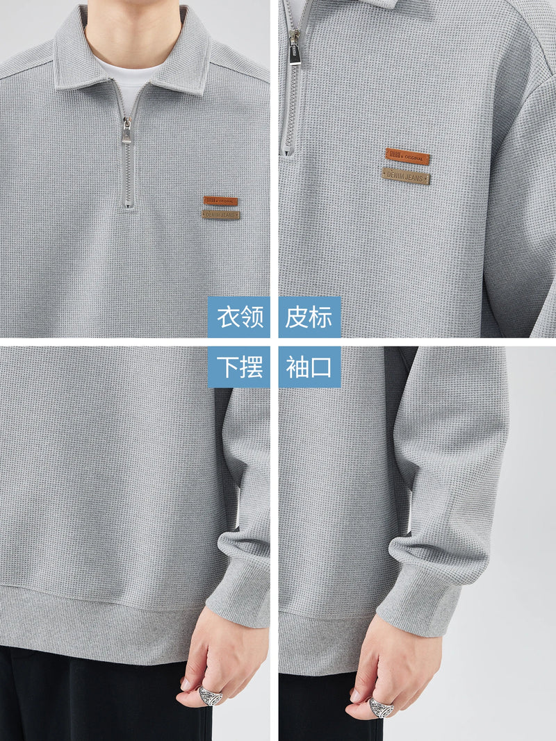 DUKEEN Heavyweight Waffle Knit Quarter-Zip Polo Sweatshirt for Men 2025 Spring Fall New Casual Loose Fit Long Sleeve Pullover