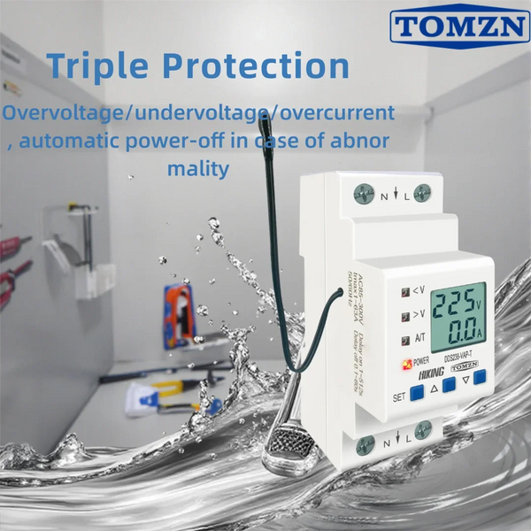 TOMZN Rail-Mount Adjustable Over/Under Voltage Protector With Current/Temperature Limit Protection, Voltage/Current/kWh Metering