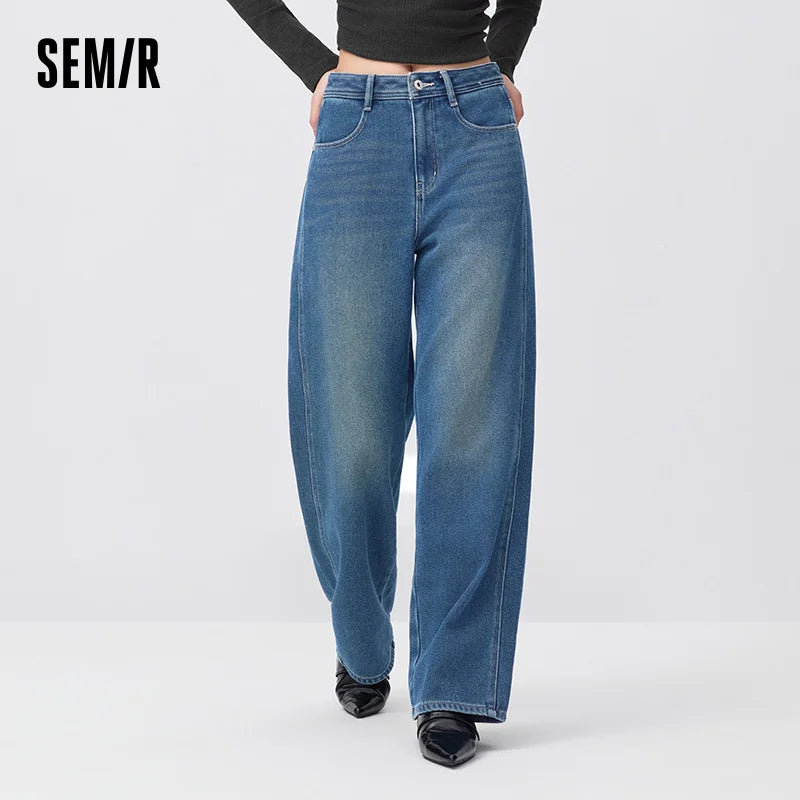 ខោខូវប៊យ Semir សម្រាប់នារី ធ្វើពីក្រណាត់ Whisker Wash បែប Vintage Wash ធ្វើពីក្រណាត់ Fleece ដែលអាចបត់បែនបាន រចនាប័ទ្ម Vintage ជើងធំទូលាយ ឆ្នាំ 2026 សម្លៀកបំពាក់រដូវរងាថ្មីប្រចាំថ្ងៃ
