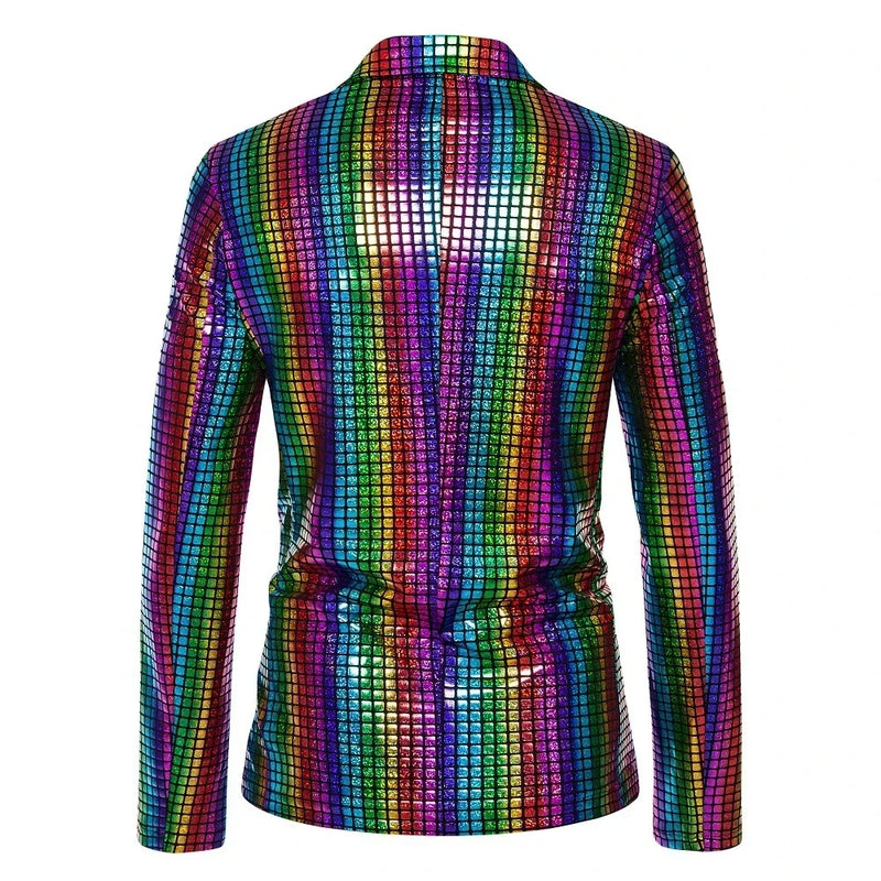 2026 Rainbow Color Men's Striped Suit Two-Piece, Fashion Suit Jacket and Pants, Green Silver Sets (Light Thin Stretch Fabrics)