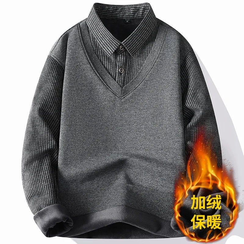 Elastic Knitted Pullover Men Collared Fake Two Piece Full Inner Fleece Thermal Vertical Stripe Long Sleeve Basic Everyday Wear
