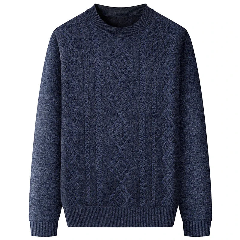 Thick Thermal Crew Neck Pullover Men Vertical Geometric Diamond Pattern Soft Fleece Lining Weekend Outing Knitwear