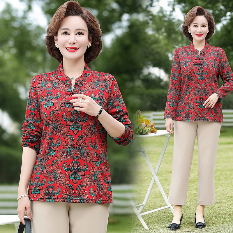 អាវយឺត Pullover ថ្មី កមូល រចនាប័ទ្ម Retro ប៊ូតុង បោះពុម្ពធរណីមាត្រ ដៃវែង អាវ Midi រលុង