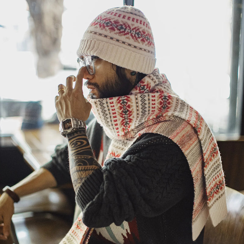 Maden Vintage Fair Isle Scarf & Beanie Set Windproof Hat Knit Pattern Scarf Wram Knit Unisex Winter Accessories Perfect Gift