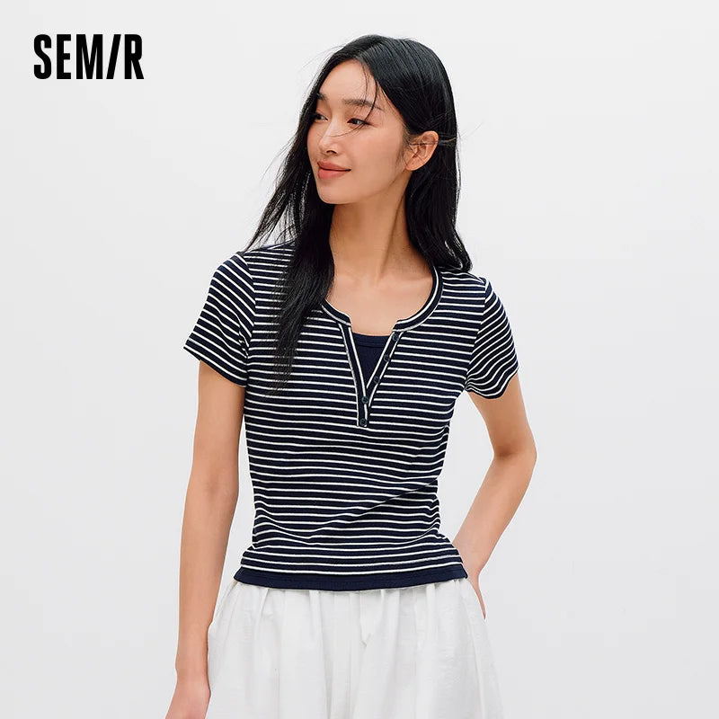 អាវយឺត Semir សម្រាប់នារី រាងខ្លី បែបស្រទន់ មើលទៅមានស្រទាប់ៗ ស្មាត្រង់ រដូវក្តៅ ឆ្នាំ២០២៦ ម៉ូដសាមញ្ញប្រចាំថ្ងៃ