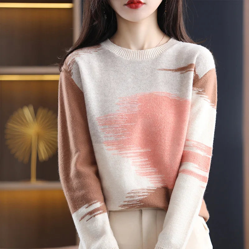 Female Jumper Round Neck Contrasting Color Sweater For Women Autumn Winter New Korean Version Knit Shirt Loose Pullovers Tops