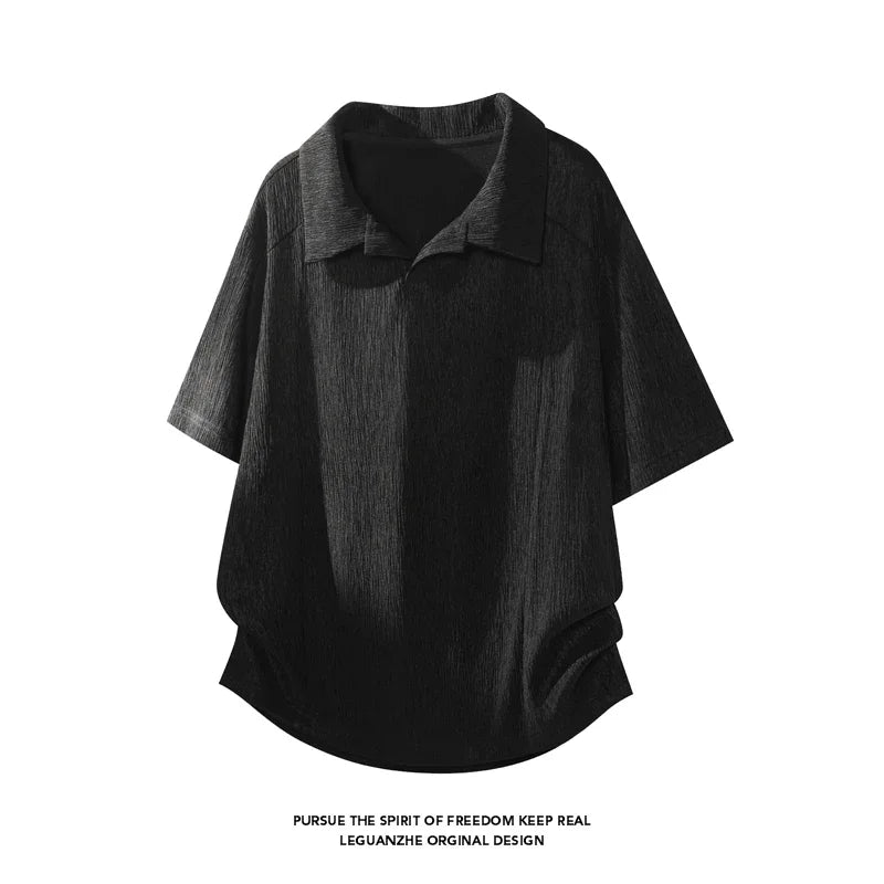 Male Loose Fit Wrinkle Textured Short Sleeve Shirt Lapel V Notch Neck Airy Fabric For Commute And Leisure Occasions