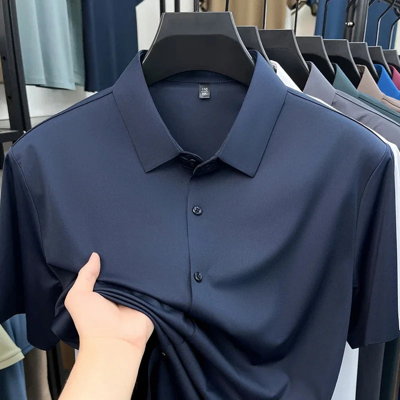 Men Short Sleeve Button Up Shirt Casual Ice Silk Business Formal Shirt Breathable Wrinkle Free Summer Top