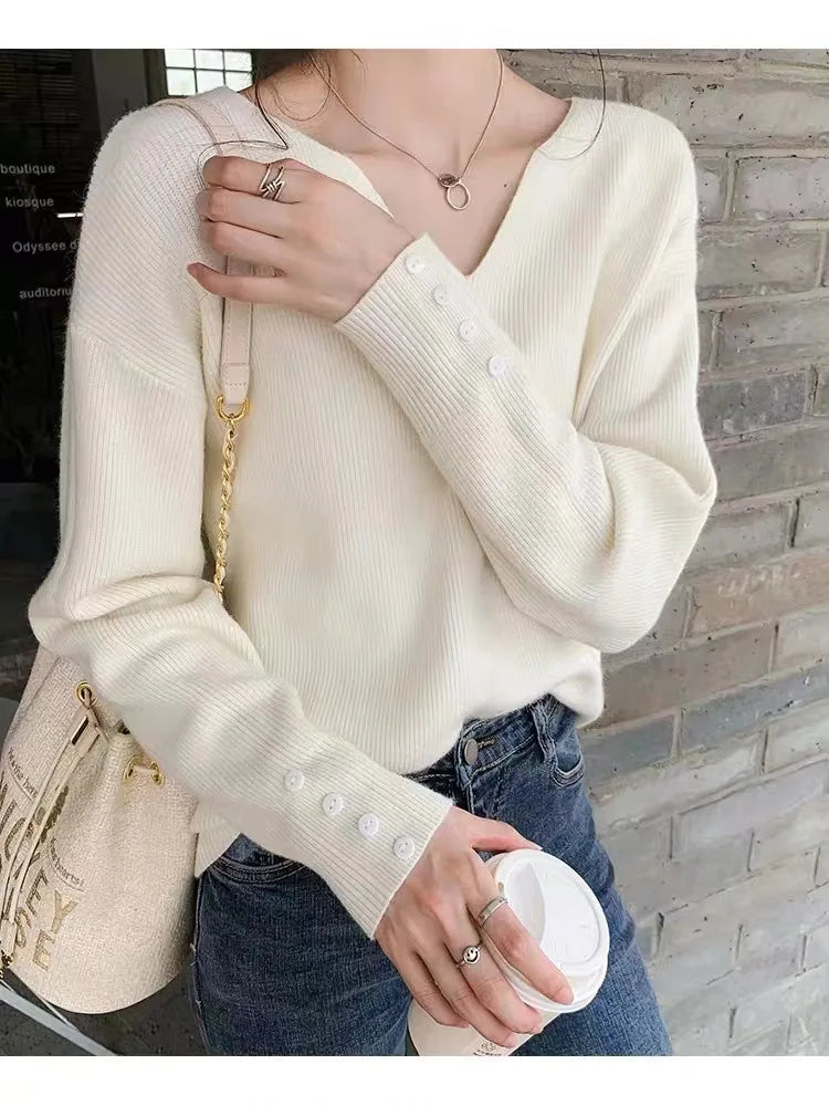 Elegant V Neck Long Sleeve Knitwear Woman Clothes Spring Autumn Pullover Sweater Basic Wear Knitted Tops Female Pulls Jumper