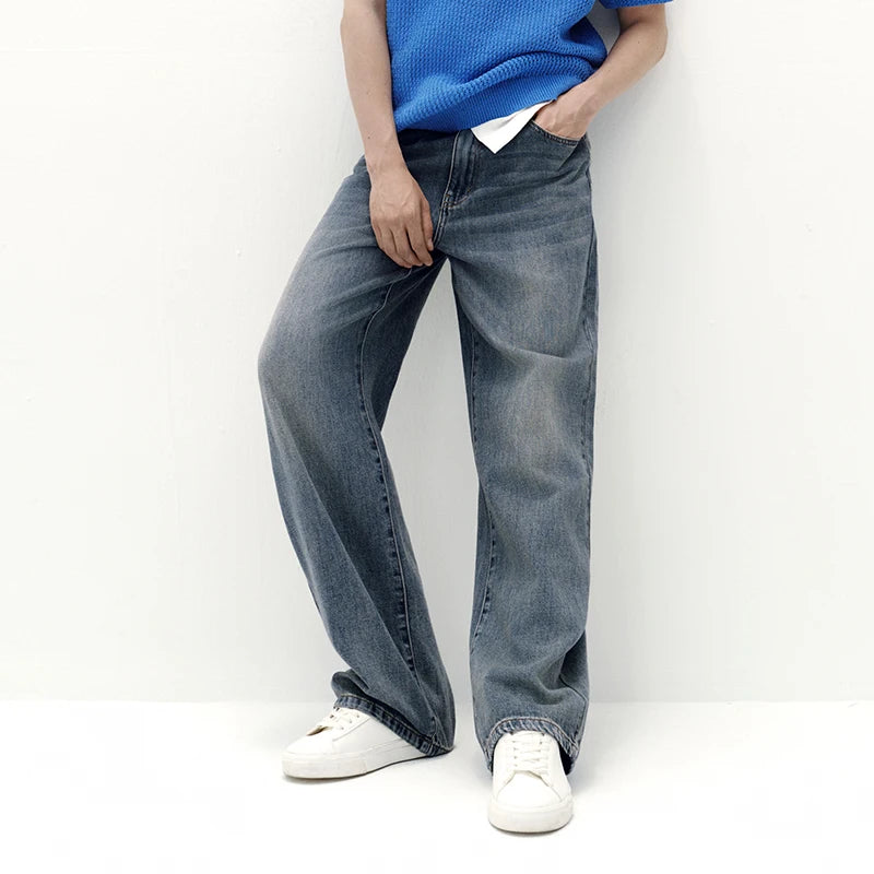 Semir Men Jeans Elastic Waist Wide Straight Embroidered Pocket Retro 2026 Autumn Soft Denim Pants Casual Daily Wear Style