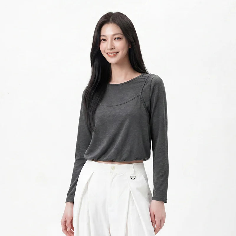 Semir Women Tshirt Long Sleeve Short Faux Two Piece Bubble Hem Slim Solid Sweet Casual Autumn Top Daily Wear 2026