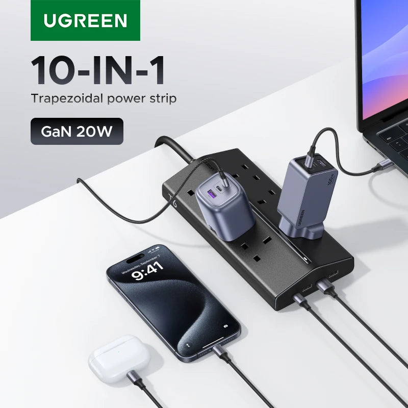 UGREEN Fast Charger 20W Power Strip 16 AC Outlets 1 USB-C 3 USB-A UK Plug Extension Adapter For Tablet Phone Overload Protection