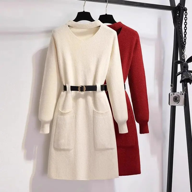Red Knitted Primer Dress for Women's Autumn Winter French Retro Slim Inner Medium Long Sweater Thicken Warm Pullover Dresses