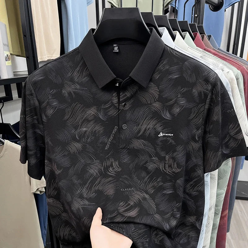 Everyday Wear Abstract Feather Printed Lapel Polo Mens Soft Cloth Casual Dinner And Post work Walking Apparel