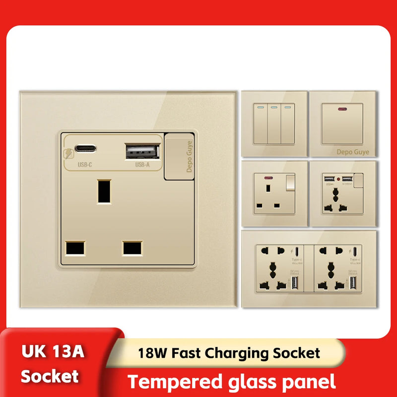 Gold UK 13A Tempered Glass Dual Socket,Universal Power Outlet With USB Type C 18W Quick Charge,Home Light Electric Switch Panel