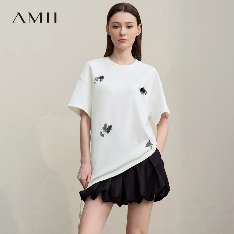 Amii Women's T-Shirt 2026 Summer New Drop Shoulder Printed Air Layer Stretch Tee Shirt Beaded Loose Casual Top Women 12642067