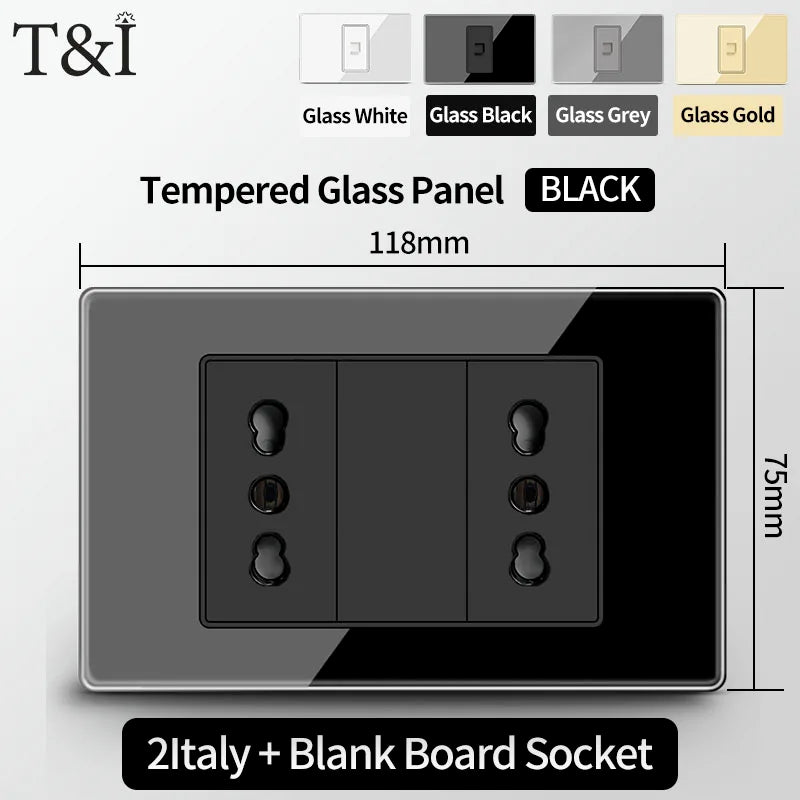 T&I Wall Switch Sockets With USB TypeC  Fast Charging, Italy Socket , Chile Schuko Outlet, Tempered Glass Panel for Home