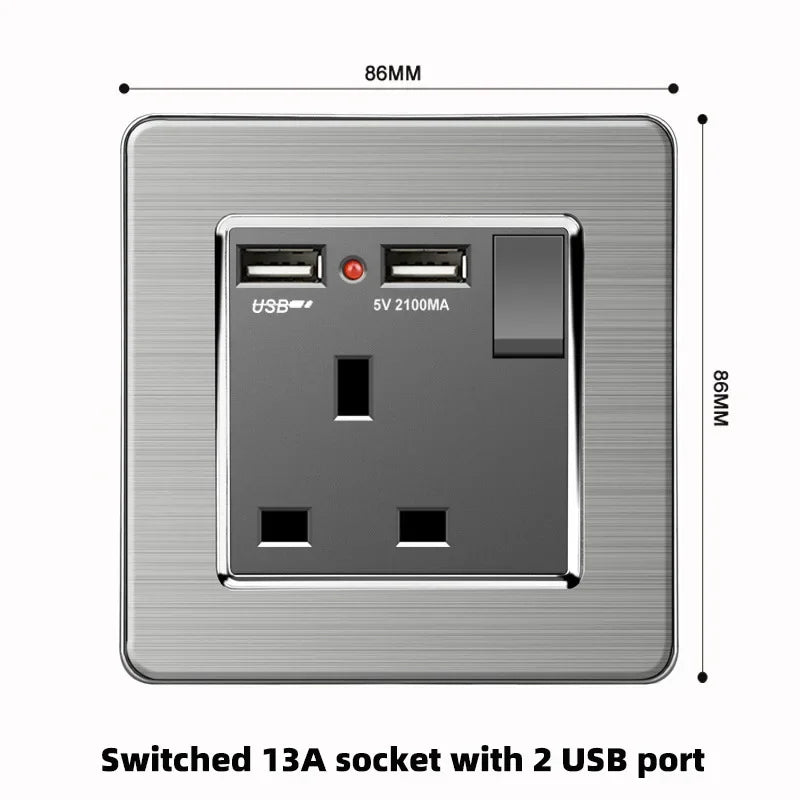 Grey Stainless Steel Metal Uk 13A Wall 220V Light Switch with Electrical Socket, Smart Type-c Fast Charging Wall USB C Socket