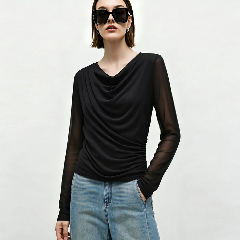 Amii Breathable T Shirts Woman 2026 Autumn New Slim Fit Cowl Neck Long Sleeve Tees Elegant Casual Versatile Womens Tops 12613008