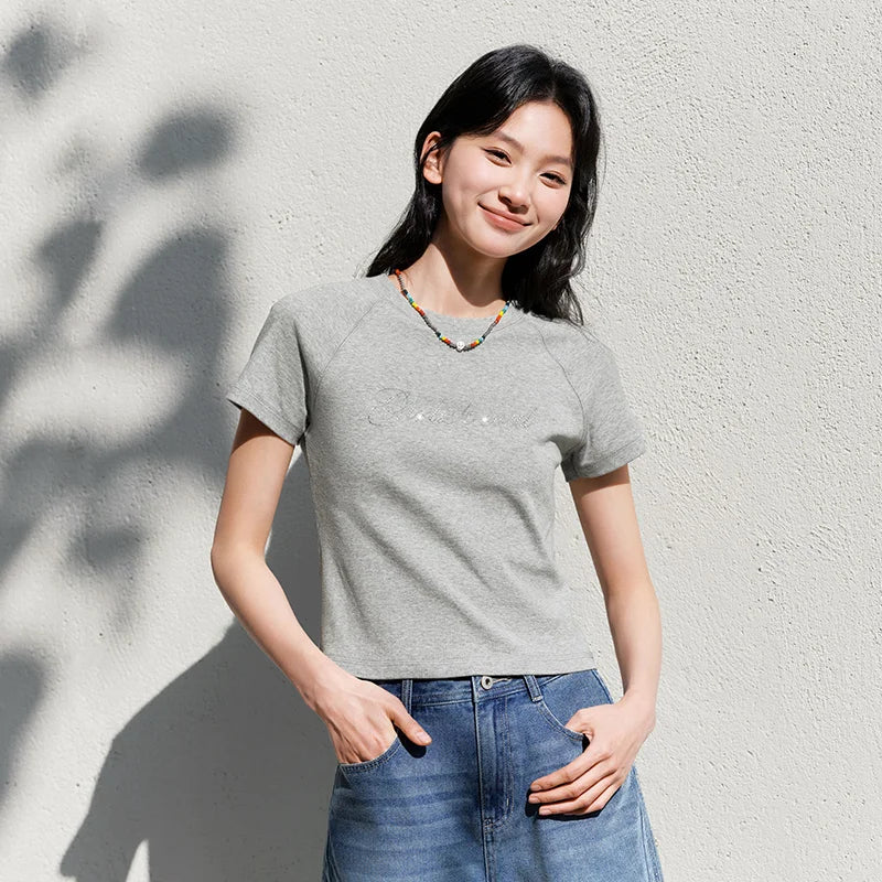 Semir Letter Print Short Sleeve T-Shirt Women Raglan Sleeve Rhinestone Design 2025 Summer Fashion Elegant Top for Party Wear