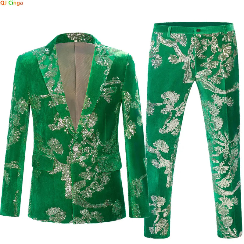 Luxurious Men's Green Two-piece Suit, Featuring A Jacket Embellished with Silver Circular Sequins and Matching Trousers.