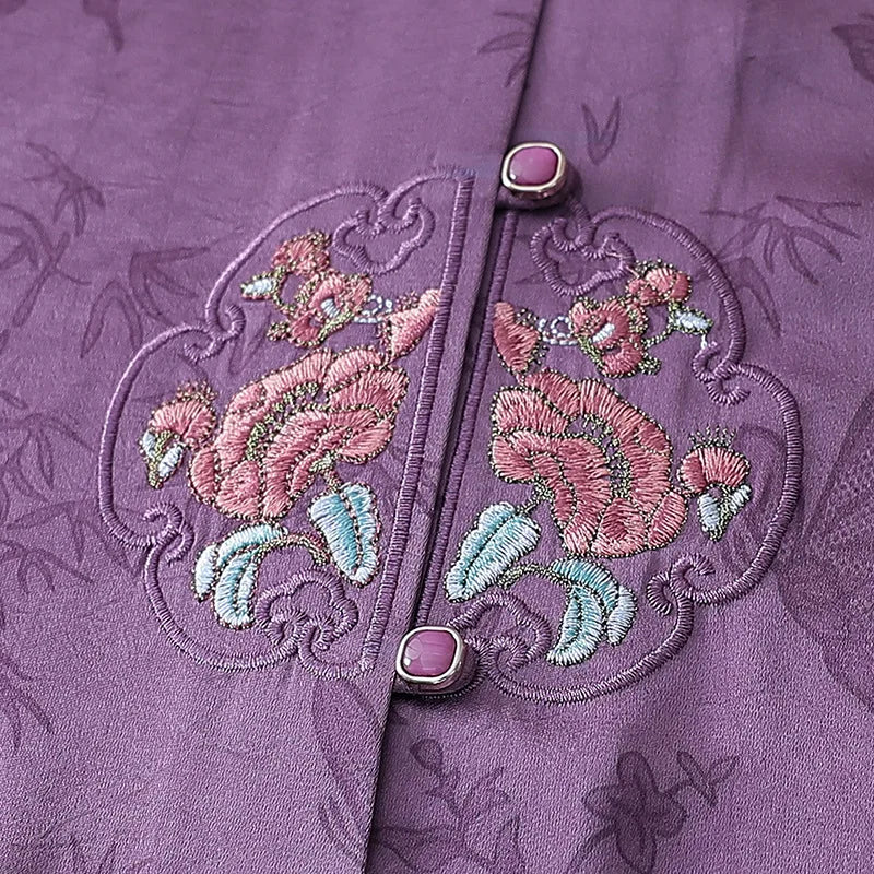 Chinese-style Women's V-neck Short-sleeve Shirts, Summer Single-breasted Embroidered Shirt, Available in Red, Purple, and Green.