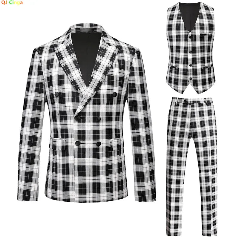 2026 New Men's Striped Red Suit 3-Piece, White Jacket and Pants Vest, Asian Size Available in White/Black, Fashionable Option fo