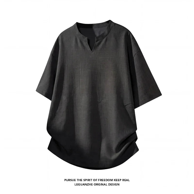 Men V Notch Neck Short Sleeve Linen Shirt Oversized Loose Summer Breathable Casual Streetwear Tops For Daily Commute