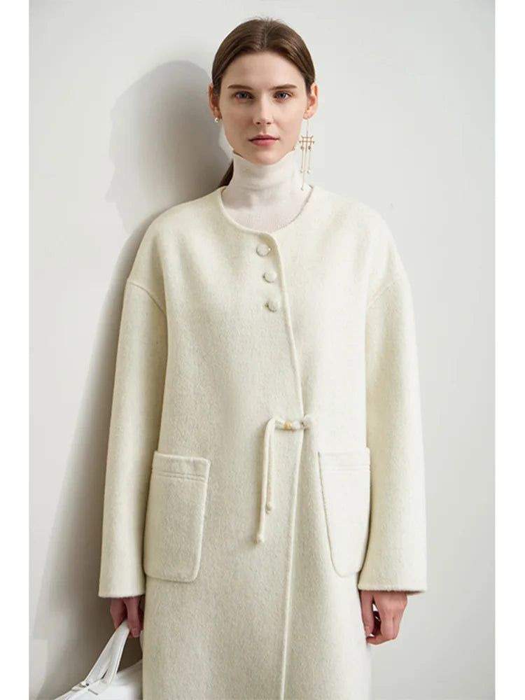 AMII Minimalist Neo-chinese Woolen Camel Wool Double Side Coat for Women 2026 Winter Round Neck Female Loose Outerwear 12444124