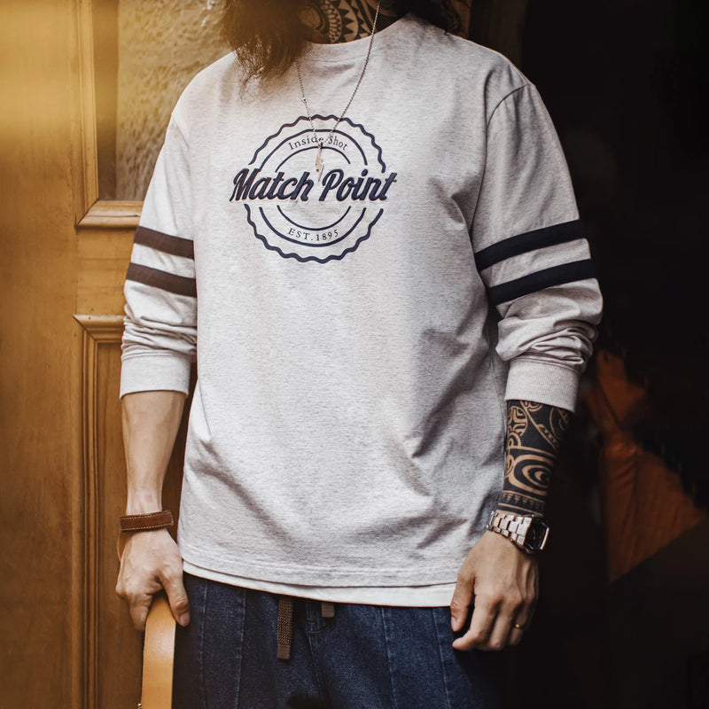Maden Men‘s Retro Striped Embroidery Sweatshirt Grey Lightweight Crewneck Long Sleeve Top Thin Knit Pullover for Spring Autumn