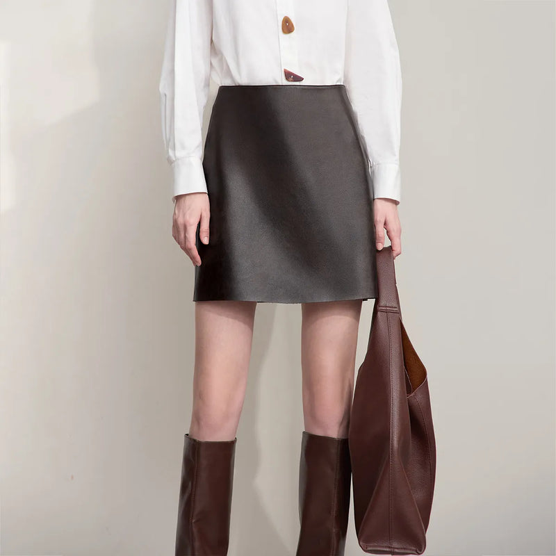 AMII Mini Skirt 2026 Autumn New Modern Retro Clothing Ladies Solid Versatile A-shaped PU Leather Short Skirts For Woman 12513022