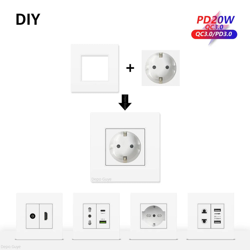 EU Wall Socket Plastic Panel White USB Type C 10W/20W Charge Port TV Rj45 Satellite HDML Interface Function DIY Combination