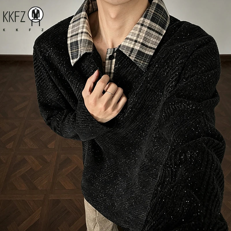 Mens V Neck Corduroy Pullover With Plaid Lapel Collar Long Sleeve Diagonal Texture Loose Casual Autumn Top
