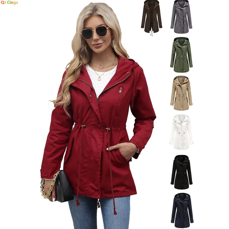 2026 Women Burgundy Hooded Jacket, Green Long Sleeves Windproof Jackets Fashion Casual Coat Black Blue Coffee Khaki S-4XL