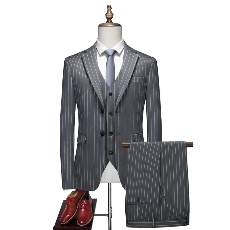 Men's Black-White Striped Plaid Suit 3-Piece, Wedding Party Dress Jacket and Vest with Trousers, Asian Sizes Red Slim Fit Sets.