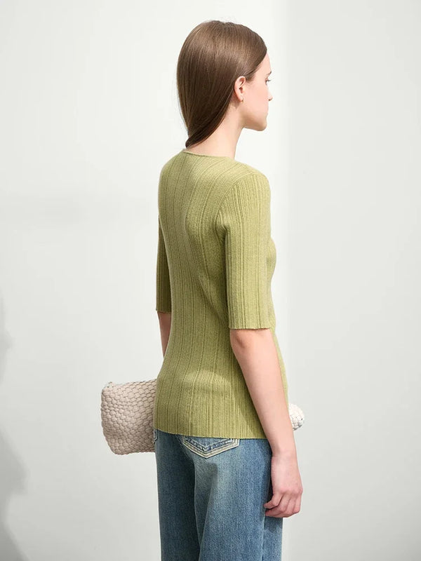 Amii 2026 Autumn Minimalist Elegant Water Drop Collar Medium Sleeve Wool Knitted Sweater Irregular Pit Strip Slim Top 12541100
