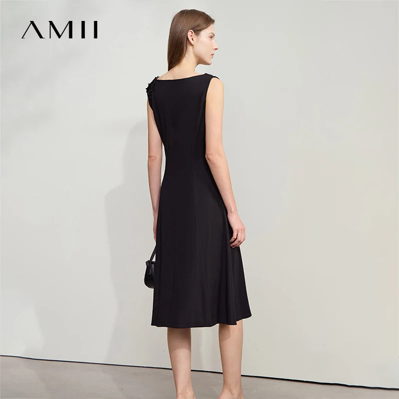 Amii Women Minimalist Sleeveless Black Dress 2026 Summer New Office Lady Elastic Lace Elegant Slim Fit Waist Dresses 12522051
