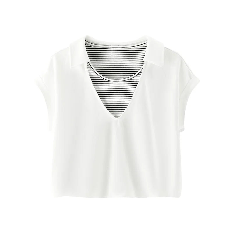 Semir Womens Polo 2026 Short Striped Patchwork Fake Two Piece Ruffle Loose Raglan Sleeve Casual Soft