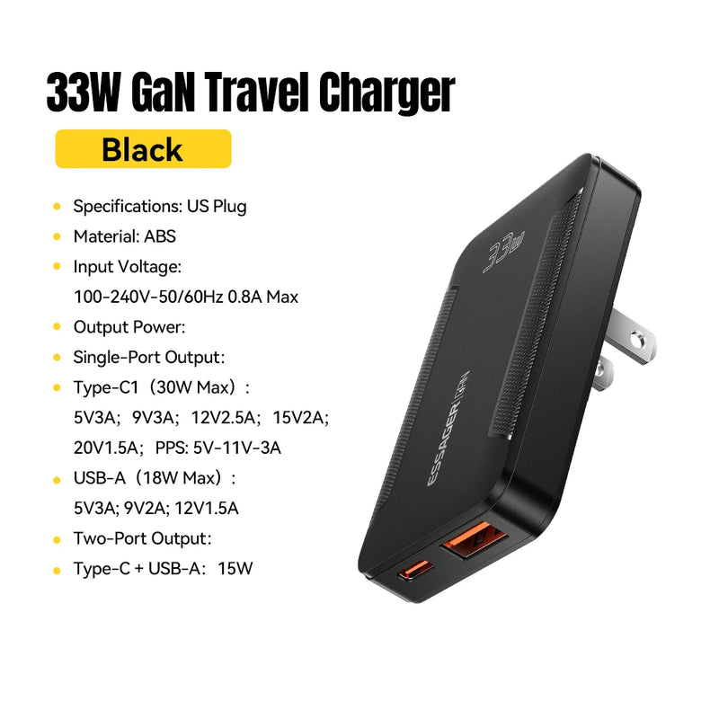 ឆ្នាំងសាក Essager Ultra Thin 65W GaN Pro Travel Charger Quick Charge 4.0 PD3.0 សាកថ្មចល័តប្រភេទ C សម្រាប់ iPhone Samsung Macbook Laptop