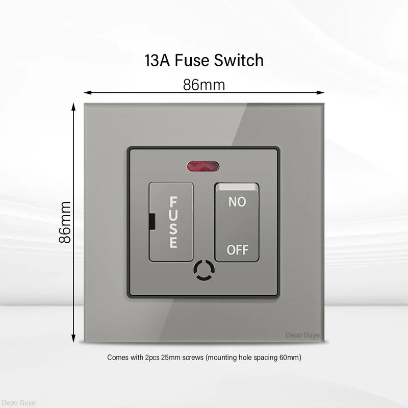 Grey UK 13A Tempered Glass USB Type C 18W Quick Charge Socket,Dual Universal Power Outlet,Home Light Electric Switch Panel