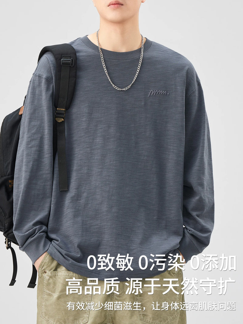DUKEEN Heavyweight Slub Cotton Long Sleeve T-Shirt for Men Spring and Autumn Pure Cotton Crew-Neck Embroidered Tops Oversize