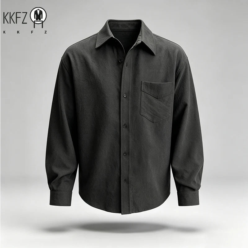 Mens Simple Button Front Long Sleeve Shirt Turn Collar Single Pocket Loose Oversized Fit Daily Outer Garment