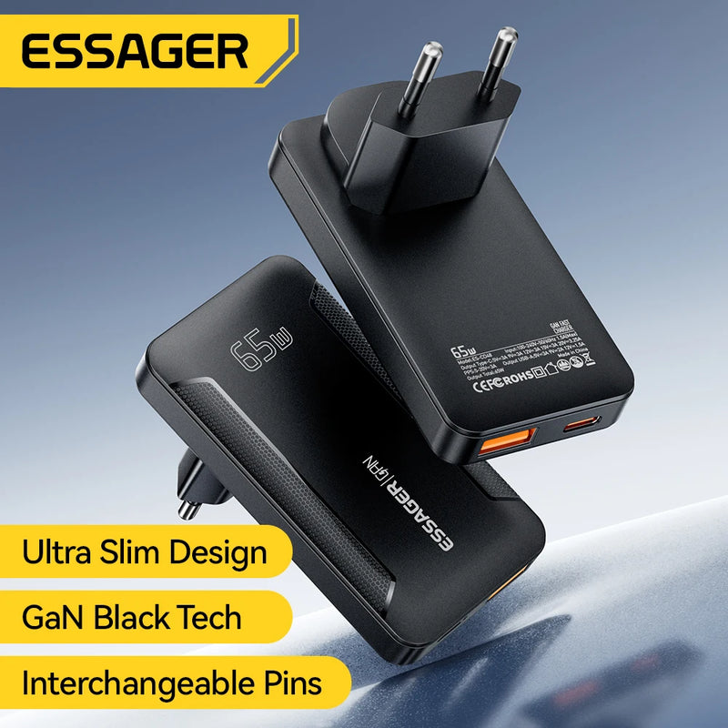 ឆ្នាំងសាក Essager Ultra Thin 65W GaN Pro Travel Charger Quick Charge 4.0 PD3.0 សាកថ្មចល័តប្រភេទ C សម្រាប់ iPhone Samsung Macbook Laptop