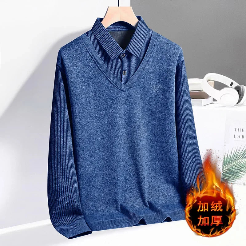 Daily Versatile Men Pullover Fake Two Piece Construction Vertical Stripe Sleeves Lapel Collar Subtle Embroidered Logo