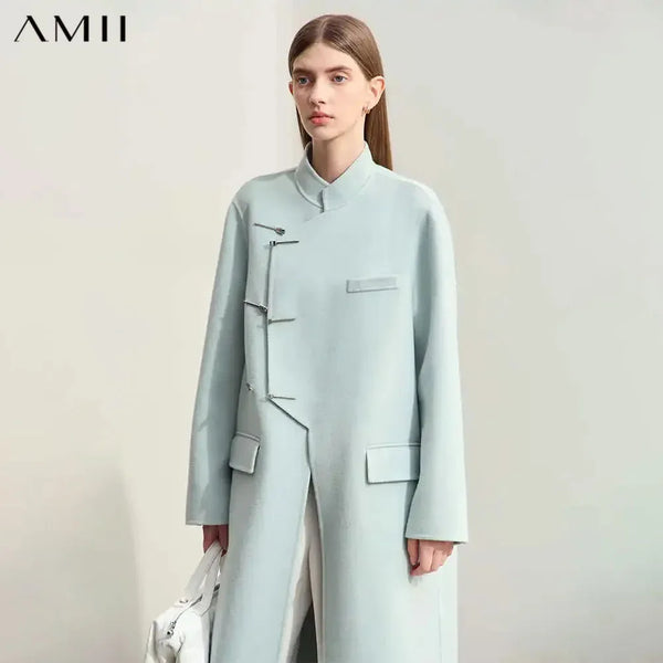 Amii Minimalist Winter Clothes Women 2026 Long Coat 100% Woolen Coat New Chinese Style Office Lady  Soild Loose Jacket 12424017