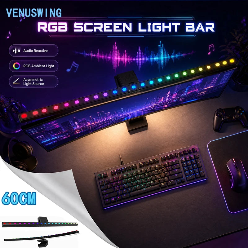 របារពន្លឺអេក្រង់កោង LED កុងតាក់កំណត់ម៉ោង របារពន្លឺម៉ូនីទ័រកុំព្យូទ័រ RGB ពន្លឺស្រអាប់គ្មានជំហានសម្រាប់ការសិក្សា លេងហ្គេម ការងារ
