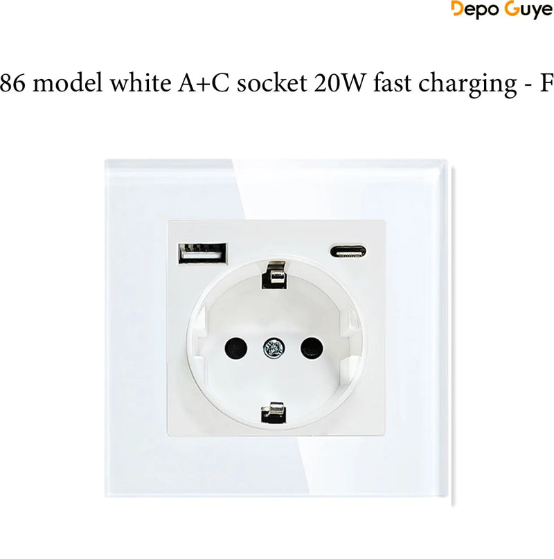 EU Standard 86x86mm Tempered Glass Wall Socket 16A Power Outlet with 5V 2A USB Type C or Dual USB for Home Hotel Office