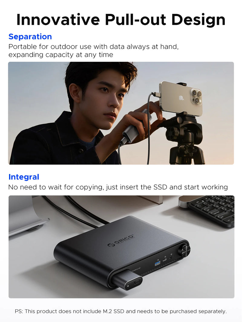 ORICO 10 in1 USB C Docking Dtation with M.2 SSD Enclosure PD100W Charging Ethernet 4K60Hz HDMI-com 3.5mm Audio Volume Control