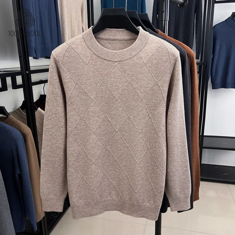 100% Wool Sweater, Diamond Knit Hand-Knit Texture, Autumn Winter Warm, Cambridge Brown Business Casual Pullover